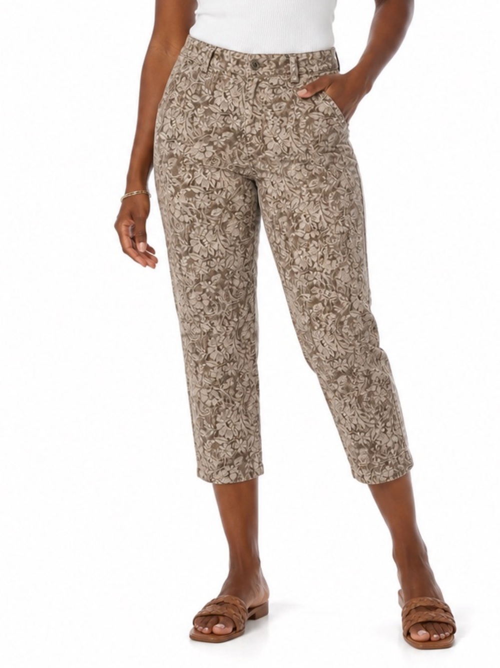 Christopher & Banks Floral Stretch Crop Pants Beige Womens 8